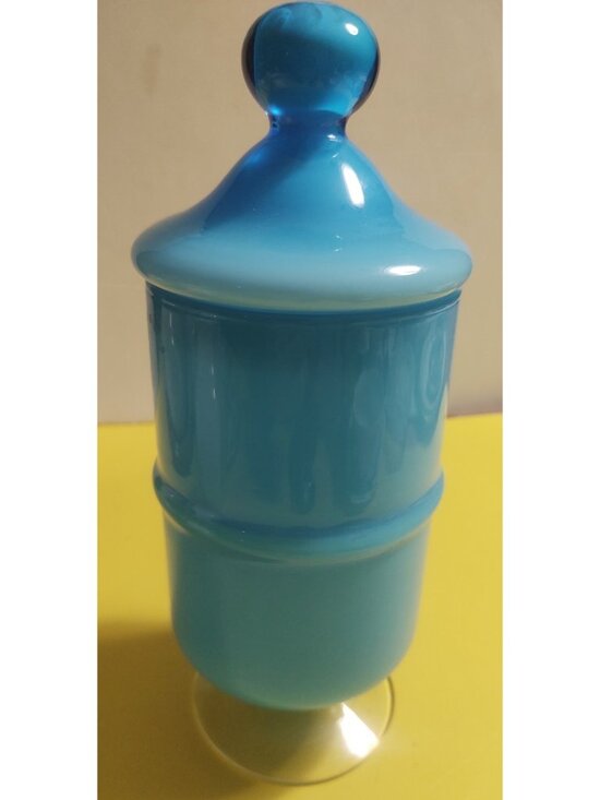 9" Gunnar Ander Design Encased Blue/Turquoise Opaline Art Glass Jar Lidded - Picture 1 of 12